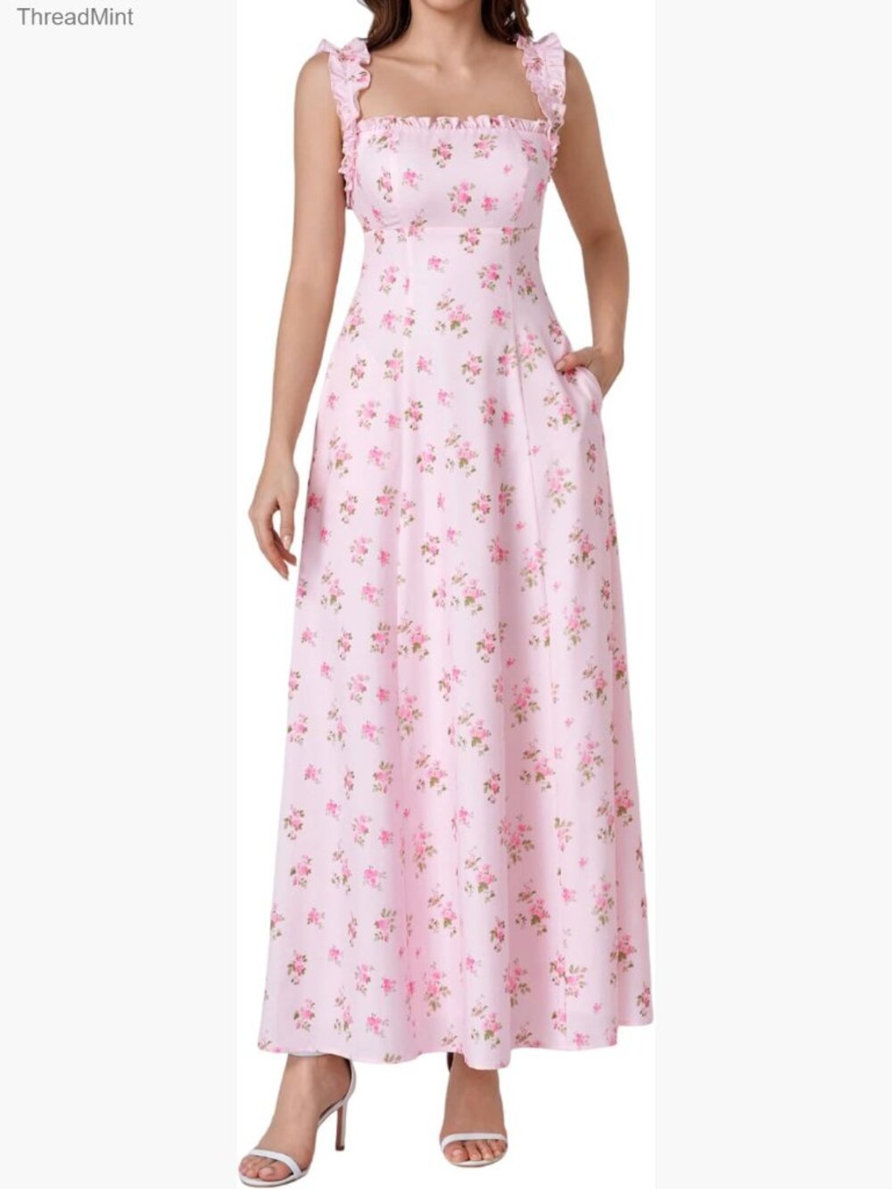 Summer Square Neck Corset Maxi Dress Flowy A-Line with Pockets